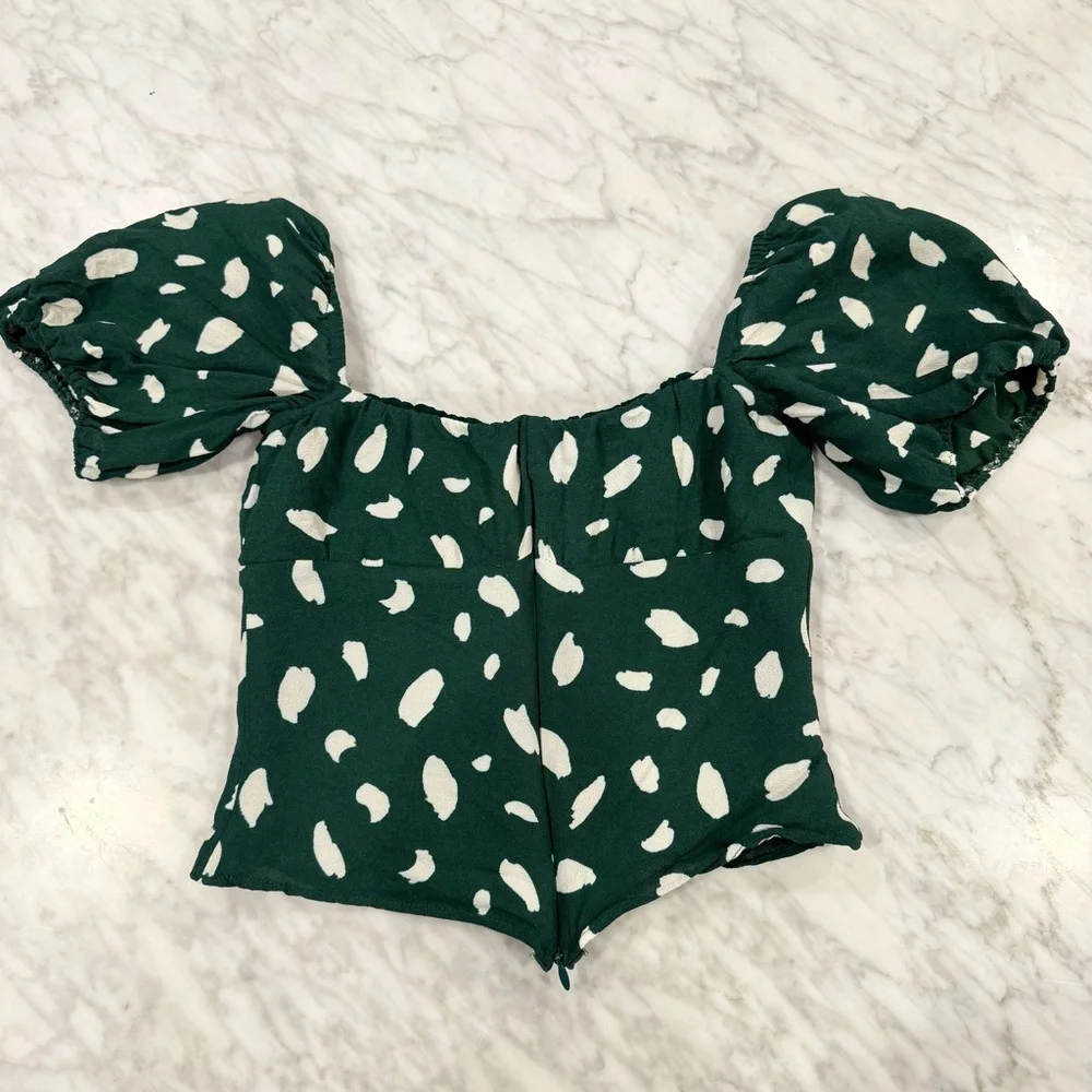 Reformation Berry Top in FEN Green and White Blouse